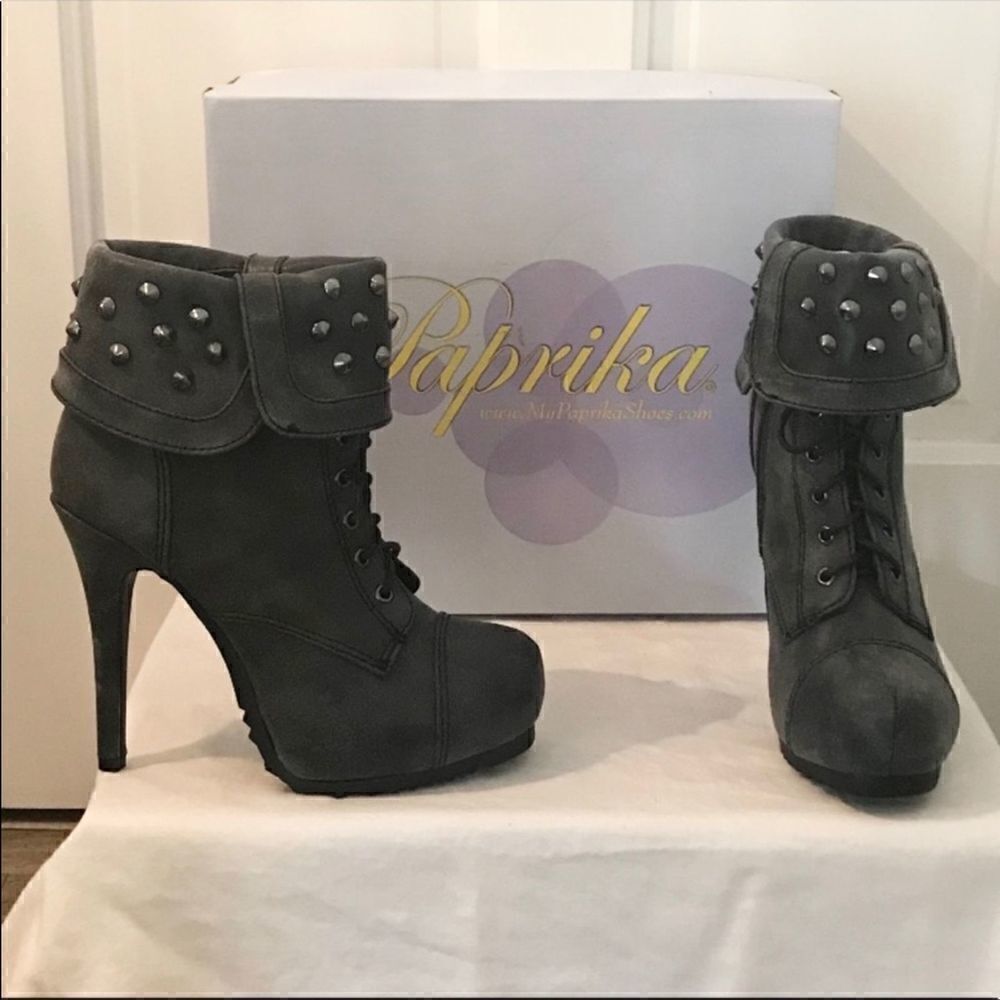 𝅺paprika Studded Lace Up Heeled Booties Gray 7